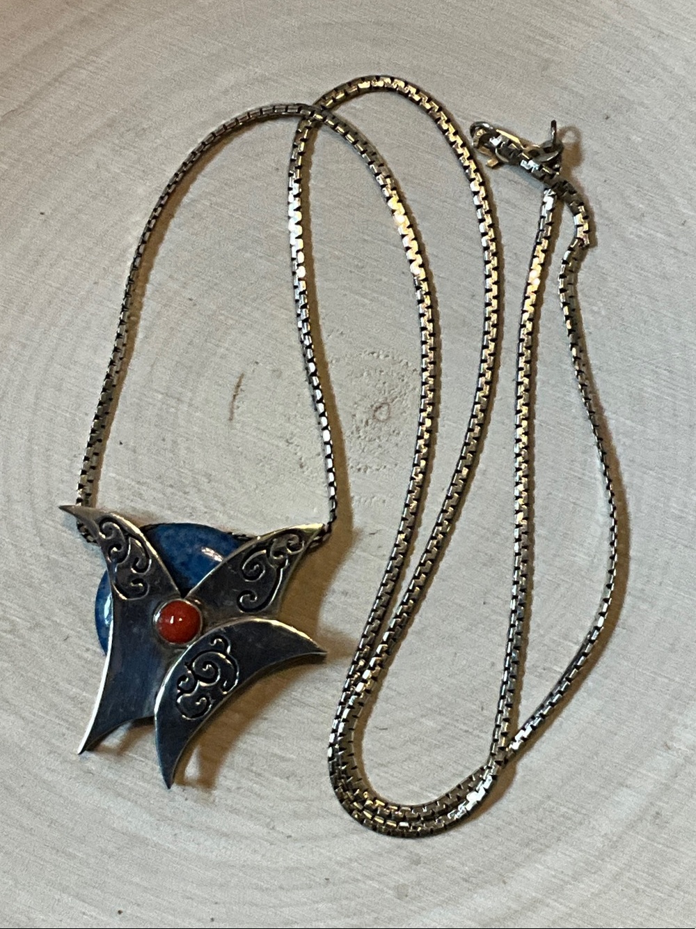 Modernist 925 Coral Denim Lapis Geometric Star Necklace